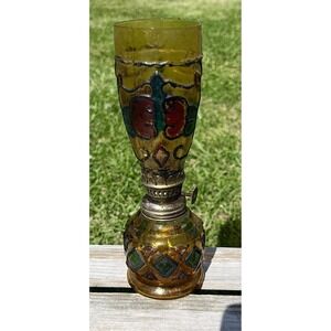 Vintage Sail Boat Brand Amber‎ Glass Mini Oil Lamp Hong Kong Faux Stained Glass